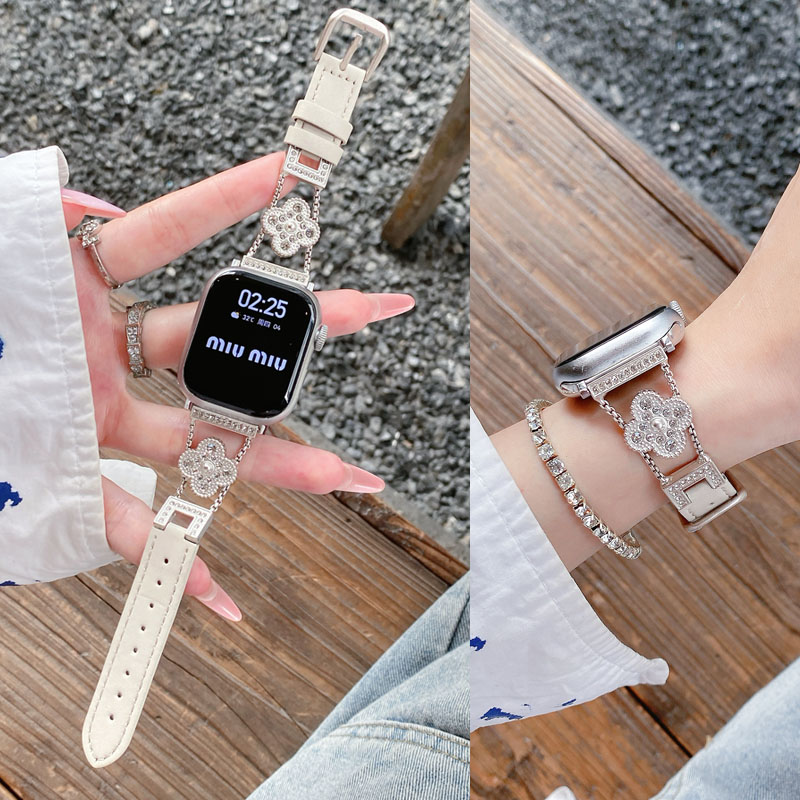 适用苹果手表iwatch S10表带S9满钻四叶草拼真皮表带S876543女新款腕带SE轻奢Ultra2透气运动小香风表带