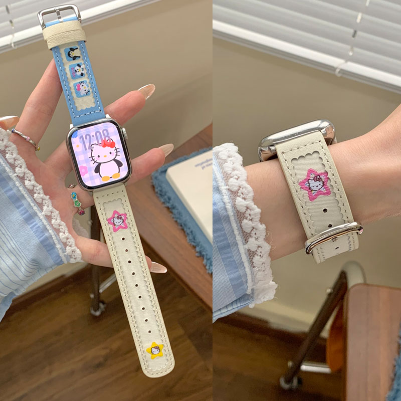 适用苹果企鹅星星真皮表带