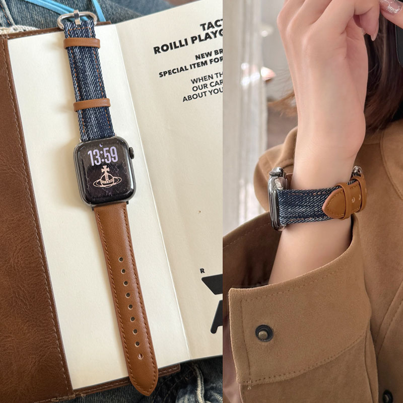 适用苹果真皮牛仔表带