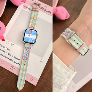 适用苹果iwatch S10手表带S9女款皮质S8新款刺绣海豚S76543腕带Ultra2小清新皮表带SE夏日透气