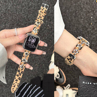 适用苹果S10手表iwatch S9豹纹甜酷风表带S8荔枝纹皮表带S76543女新款腕带Ultra2潮款SE创新小众替换带
