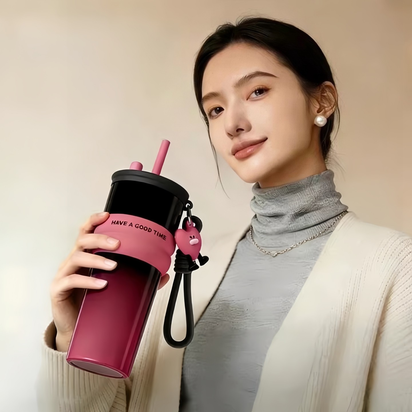保温女杯女士高颜值2025新款大容量学生吸管水杯子不锈钢陶瓷内胆
