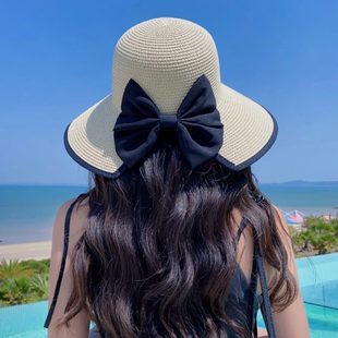 子沙灘度假草帽女夏季 遮陽蝴蝶結(jié)大沿帽 太陽帽子編織防曬海邊新款