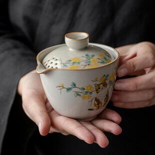 米黄汝窑手抓壶盖碗茶杯猫咪家用泡喝茶壶单个高档不烫手功夫茶具