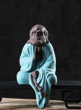 礼品陶瓷创意彩砂达摩祖师摆件禅意中式家居纯手工人物雕像装饰品