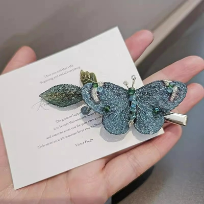 灵动蝶梦刺绣蝴蝶捏夹蓝绿色调复古轻奢发夹侧边夹鸭嘴夹发饰