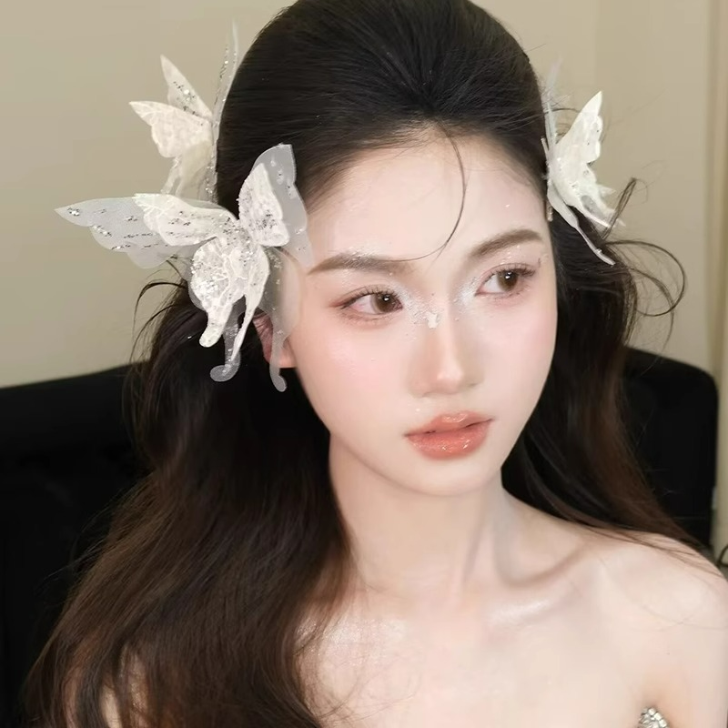 超仙白色蕾丝网纱蝴蝶发夹森系甜美优雅气质灵动边夹新娘礼服头饰