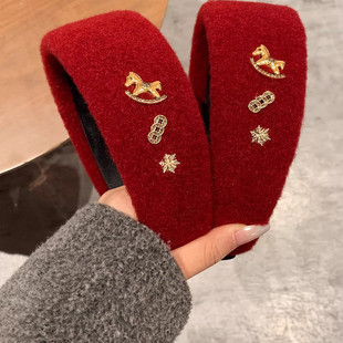 新年红色小马毛呢宽边发箍女高级感气质头饰高颅顶洗脸压发头箍