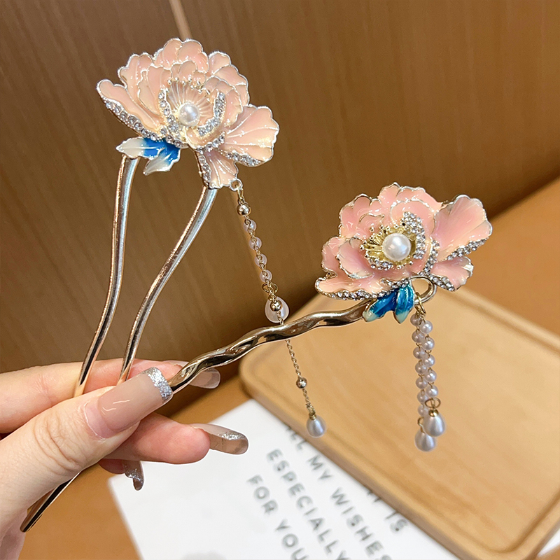 新中式牡丹花发簪女古风步摇U型