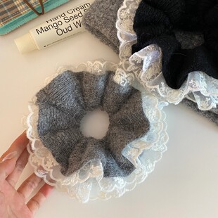 韩系灰色兔毛蕾丝针织大肠发圈女慵懒风扎头发超大号发饰头绳秋冬