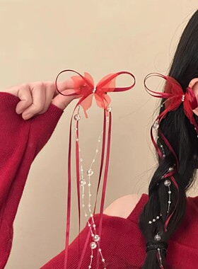 新中式红色蝴蝶结侧边发夹高颜值精致时尚气质新年显白氛围感发饰