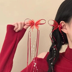 新中式红色蝴蝶结侧边发夹高颜值精致时尚气质新年显白氛围感发饰