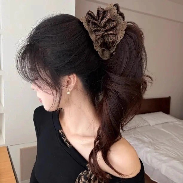 甜酷豹纹蕾丝发圈香蕉夹女2025新款后脑勺显发量高马尾发夹扭扭夹