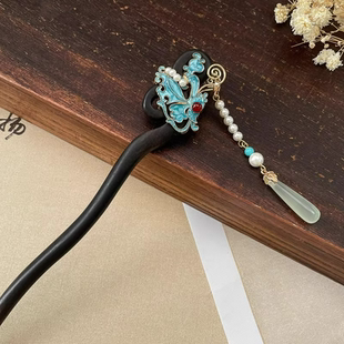 古风仿点翠烧蓝蝴蝶双面发簪新中式高级感发饰2025新款高端簪子女