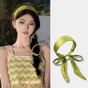 新款真丝发箍带飘带韩国绿色发带女绑发纯色高级感头箍森系头饰女