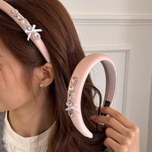 珠光粉色甜心蝴蝶结发箍韩系高级感闪钻在逃公主高颅顶气质发箍