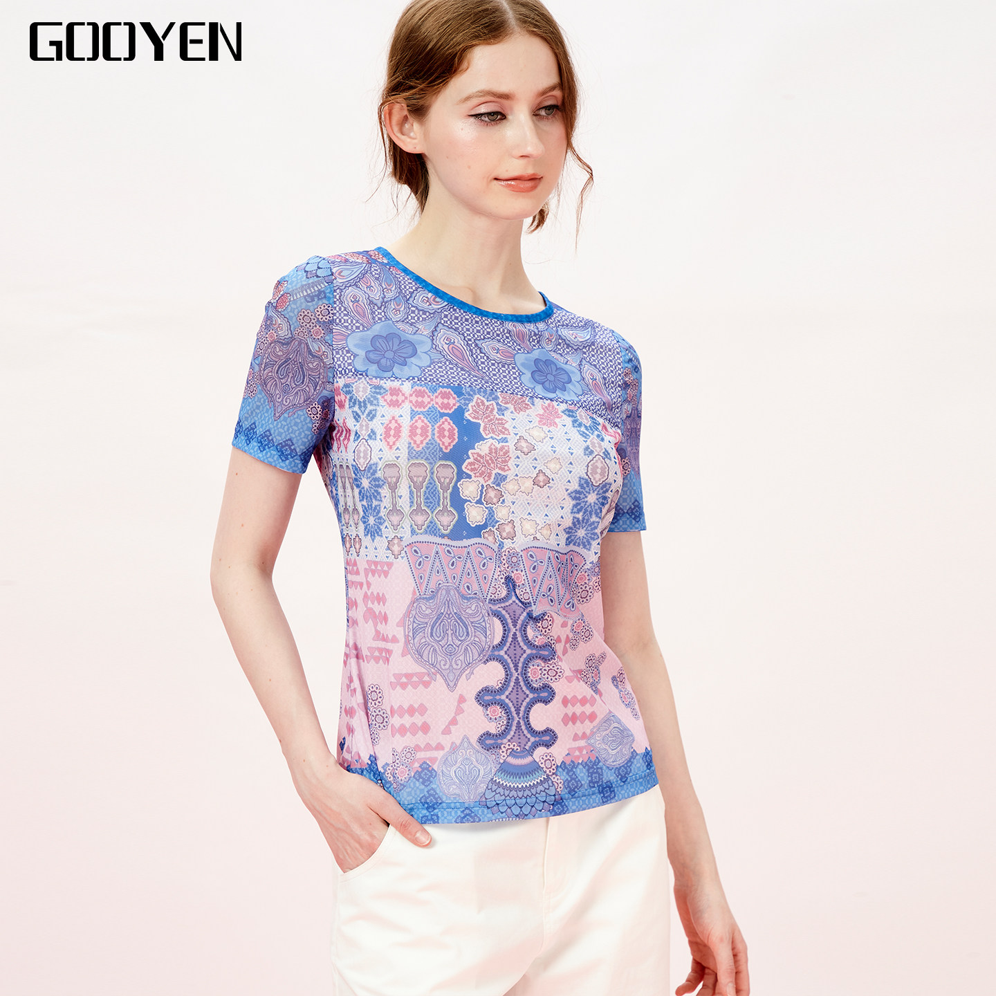 Gooyen古源 专柜正品【风尚】夏季风雅圆领印花短袖T恤