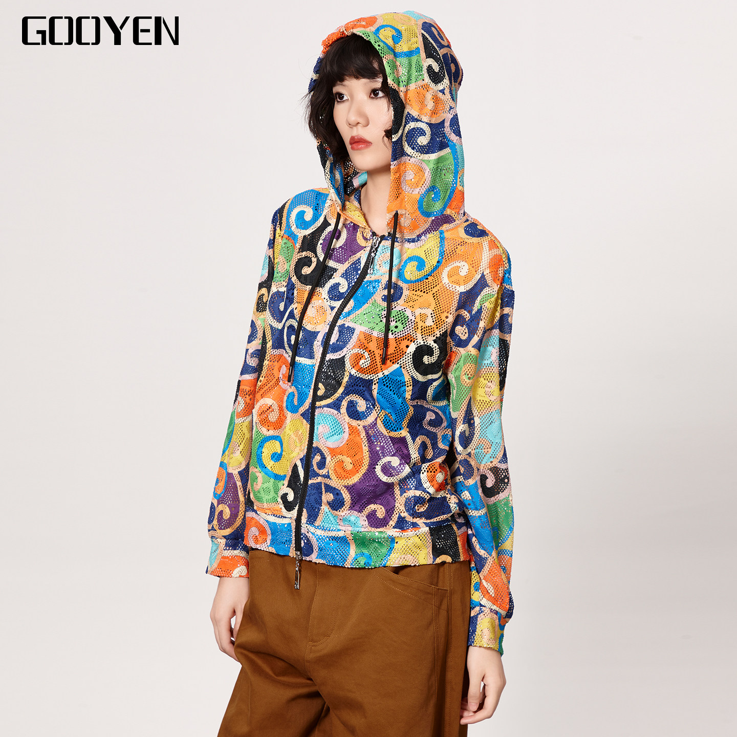 Gooyen|古源 专柜正品  涛声依旧镂空印花休闲夹克连帽上衣