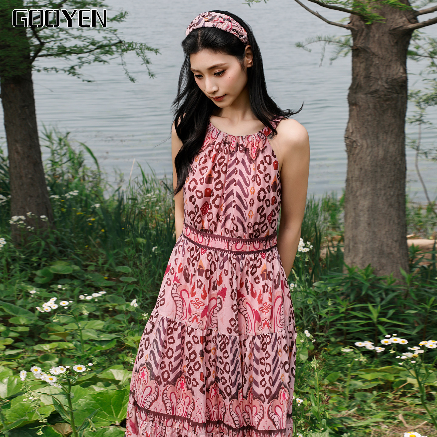 Gooyen/古源金粉世家无袖多段连衣裙女夏收腰蛋糕裙小个子度假风
