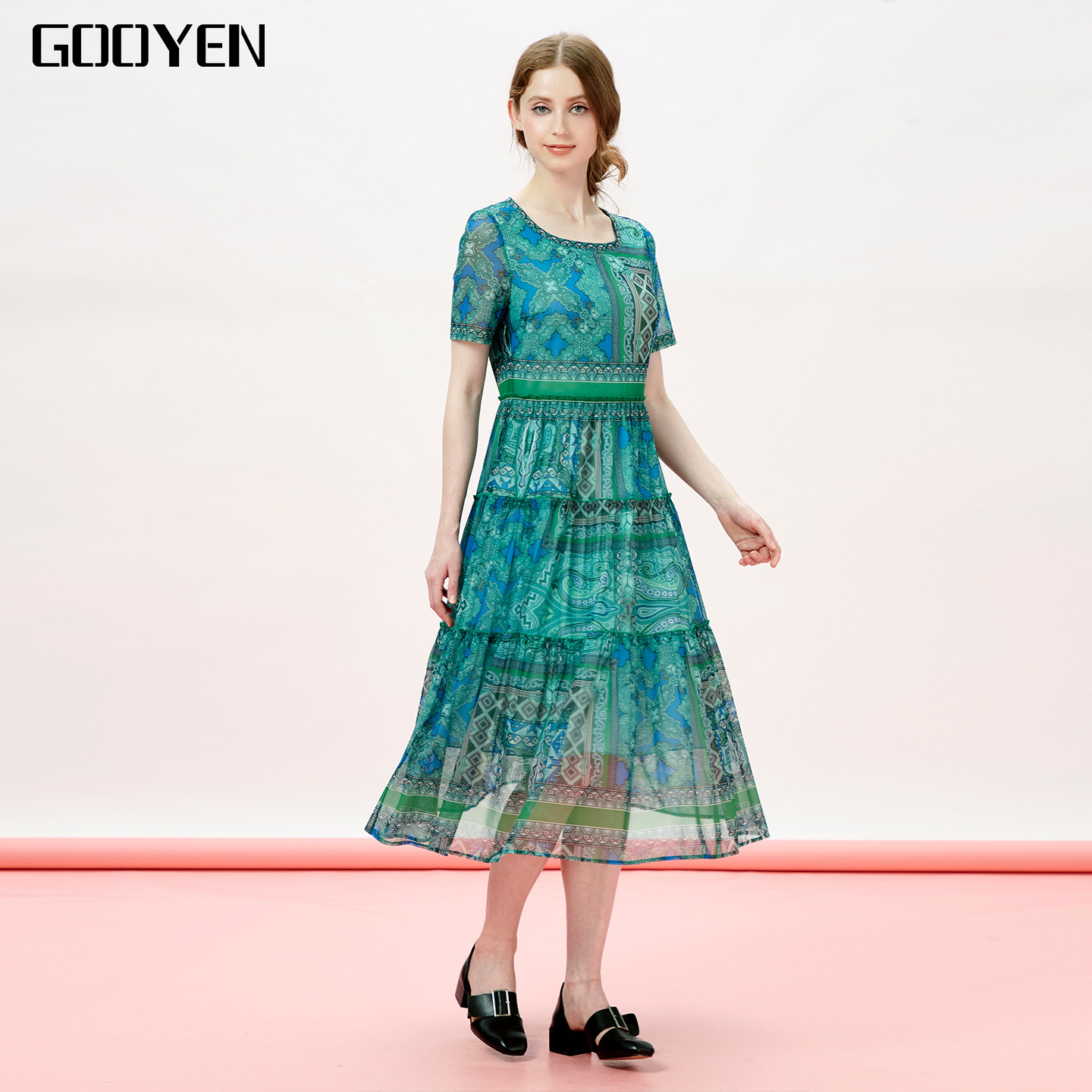 Gooyen|古源 专柜正品【星辰】浪漫轻奢印花圆领短袖多段连衣裙