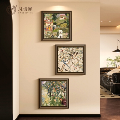 斋浦尔花园法式复古正对入户门玄关挂画中古风三联走廊尽头装饰画