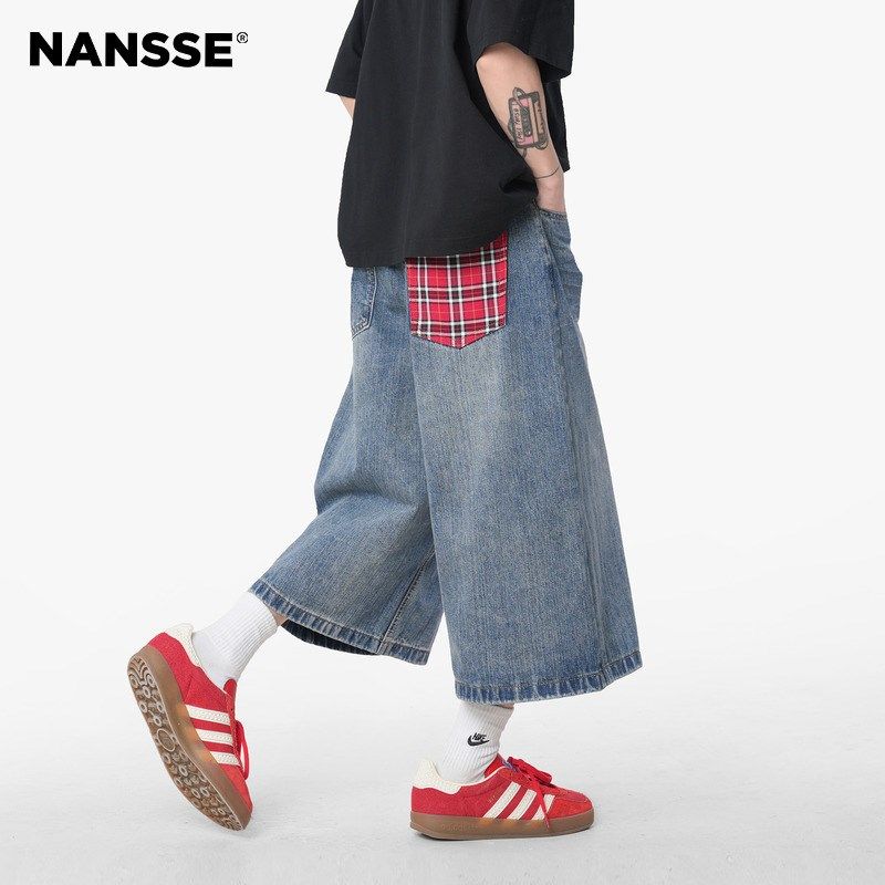 格子拼接七分牛仔裤男2025夏季新款美式复古潮流宽松直筒休闲短裤,男装,牛仔裤,淘宝优惠券,粉丝福利购,淘宝优惠卷