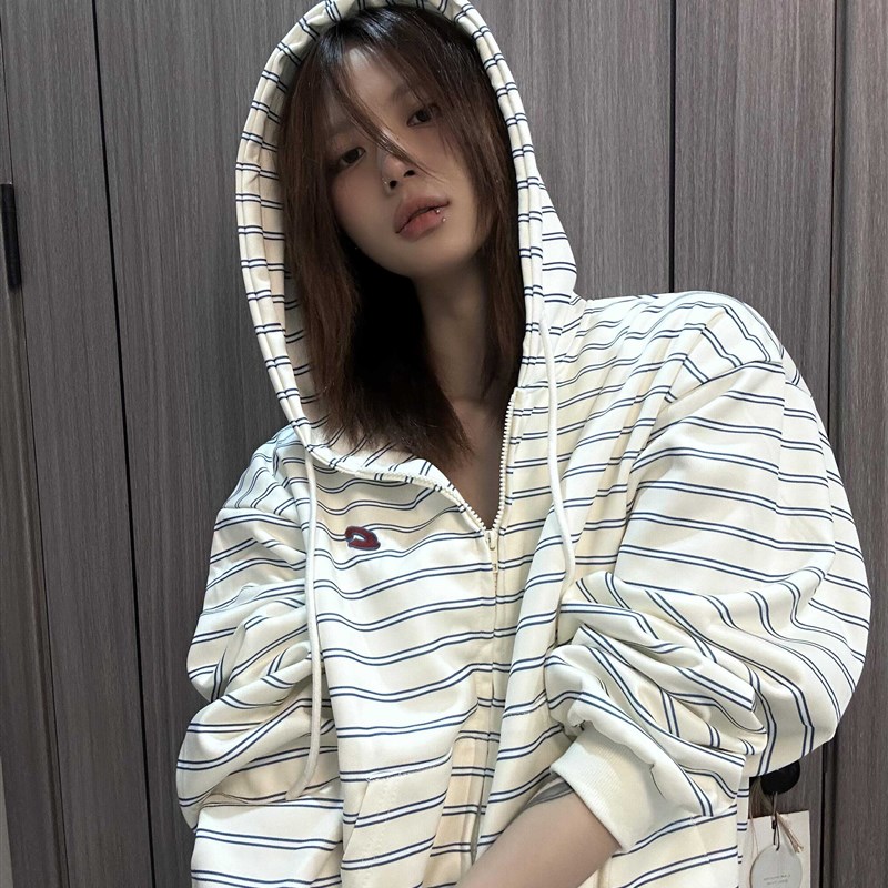 美式慵懒风撞色条纹开衫s连帽卫衣女秋冬季新款宽松设计感拉链外