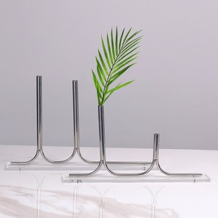 极简花插银色几何不o锈钢金属花瓶样板间餐厅客厅玄关桌面花器摆