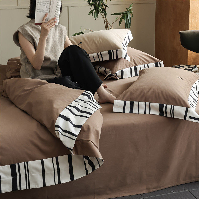 秋冬小众100支全棉磨毛四件套拼接床上用品简约高级加V厚被套1.8,床上用品,床品套件/四件套/多件套,淘宝优惠券,粉丝福利购,淘宝优惠卷