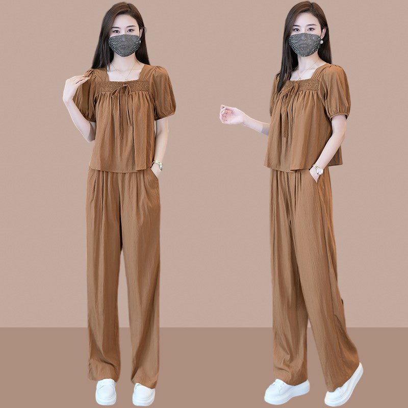 方领阔腿裤套装女202p4夏季新款小个子时尚洋气减龄雪纺宽松两件