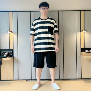 条纹青少年简约休闲家居服夏天全棉套 睡衣男士 夏季 g薄款 纯棉短袖