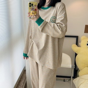 女套装 秋季 休闲宽松大码 条纹女士圆领长袖 睡衣家居 针织纯棉y长裤