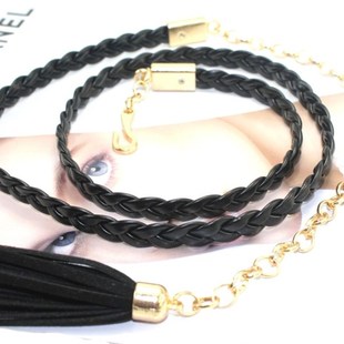 复古麻花编制腰带细 韩国百搭女金属腰链M流苏加长 皮绳黑色裙带