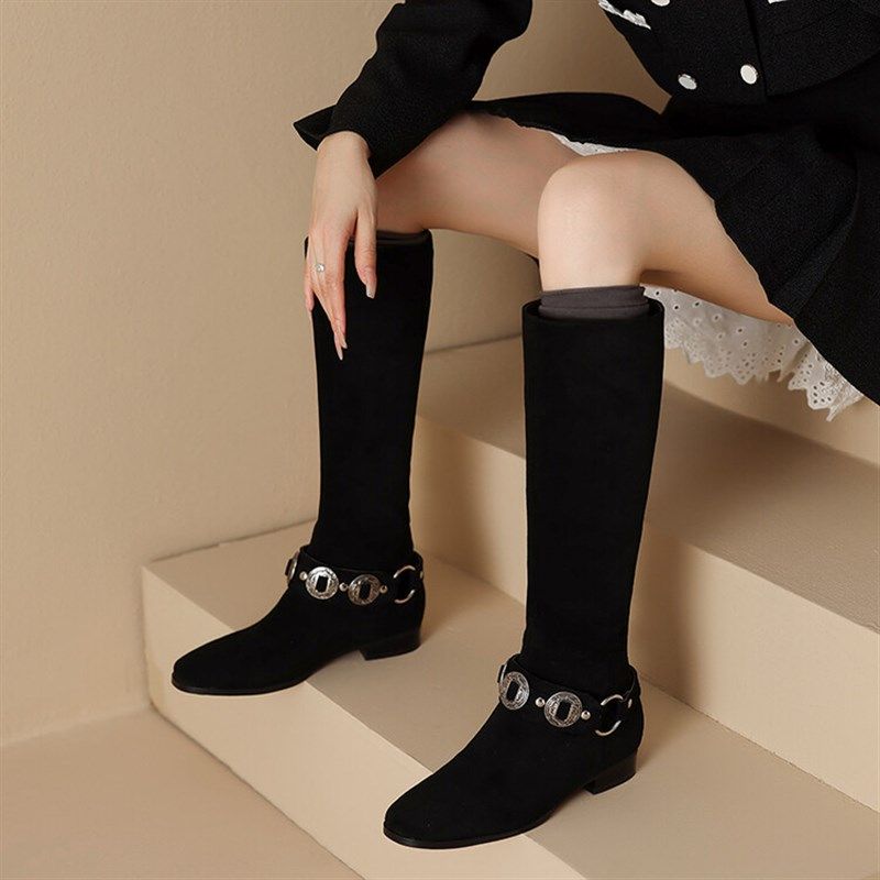 秋冬新款长靴女单靴不p过膝高筒靴低跟平底金属扣圆头女靴百搭时,女鞋,骑士靴,淘宝优惠券,粉丝福利购,淘宝优惠卷