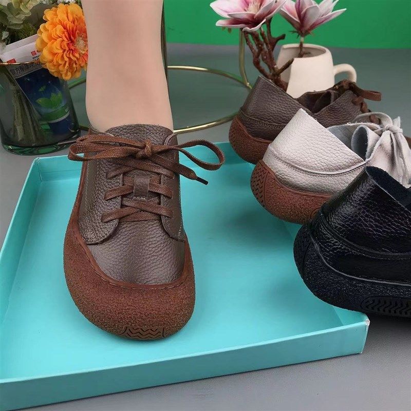 真皮单鞋女2024n年春秋季新款圆头平底软底女鞋牛皮系带深口妈妈,女鞋,深口单鞋,淘宝优惠券,粉丝福利购,淘宝优惠卷