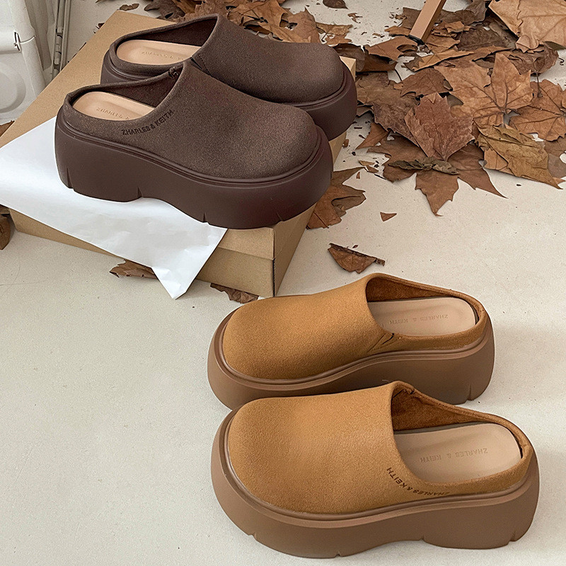 网红小个子复古厚底包头半拖鞋女外穿秋冬新款增高防滑勃肯舒适