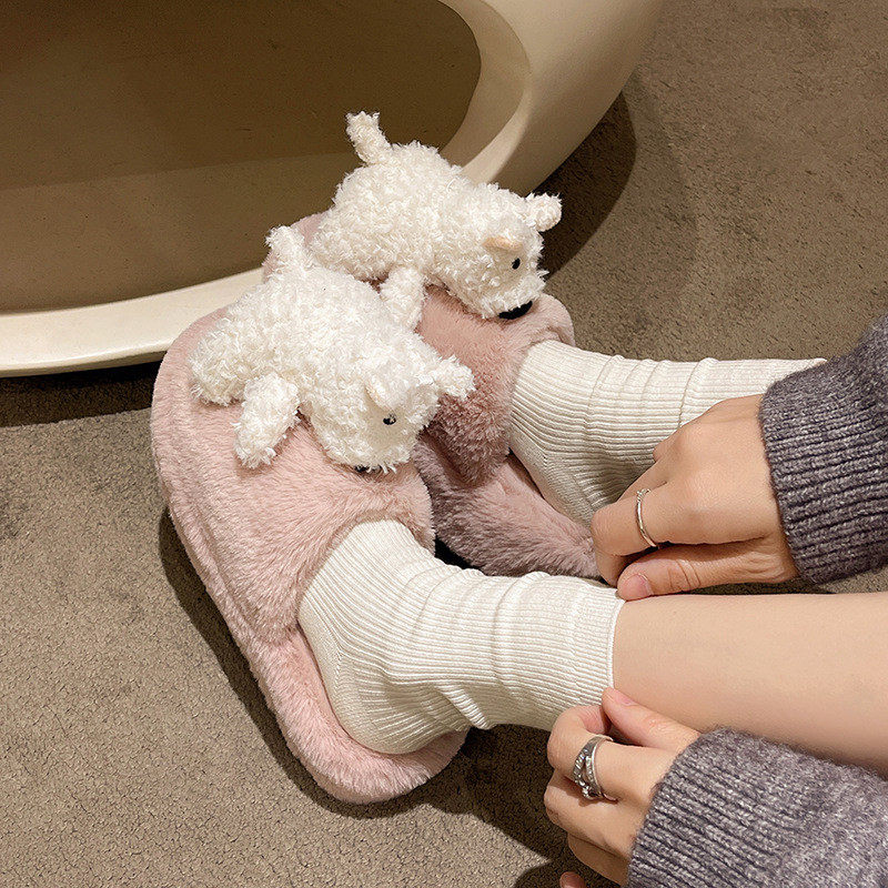 秋冬加厚保暖可爱西高地潦草小狗棉毛拖鞋女士居家宿舍情侣款