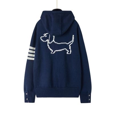 TB春秋新品设计感刺绣连帽宽松针织男女同款后背描边小狗拉链帽衫