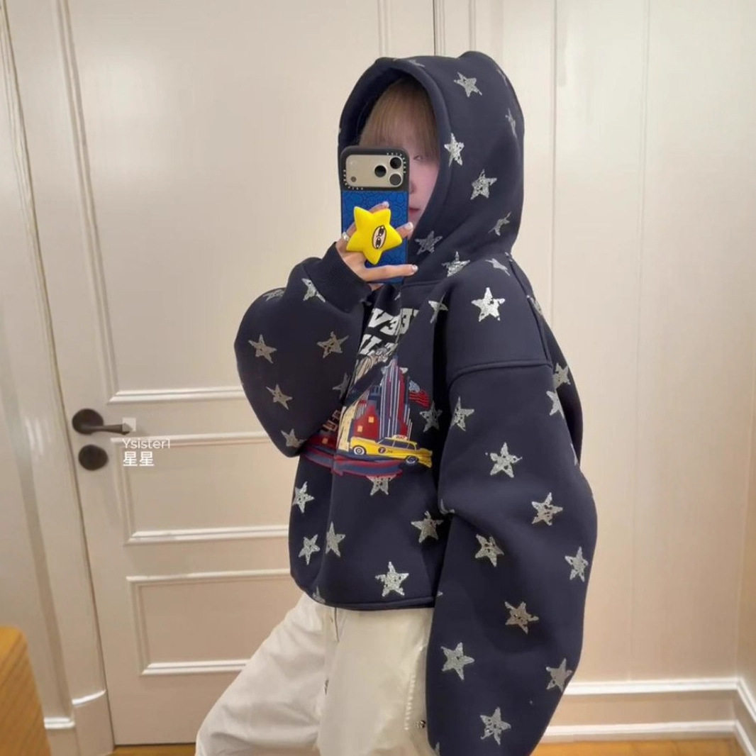 美式复古星星字母印花连帽卫衣女秋冬加绒加厚小个子宽松慵懒外套,女装/女士精品,皮裤,淘宝优惠券,粉丝福利购,淘宝优惠卷