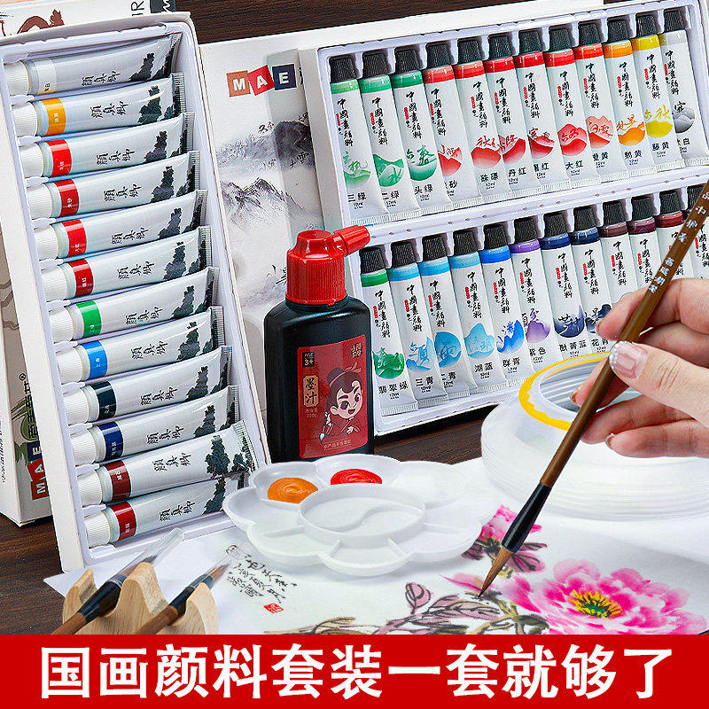 颜真卿中国画颜料12色初学者毛笔小学生儿童入门材料工笔画成人24色箱水墨画工具套装国画用品