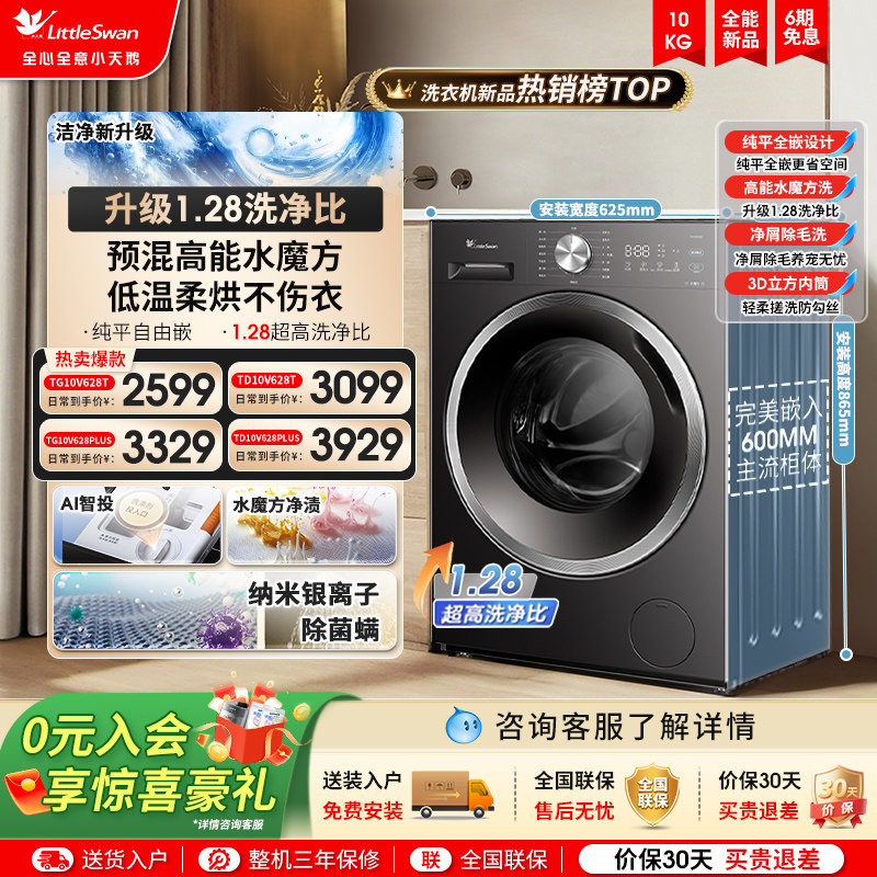 纯平全嵌小天鹅洗衣机洗净比1.28