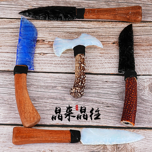 天然黑曜石刀刃冰川石斧头摆件手工打制石器蛋白石猫眼石匕首龙晶