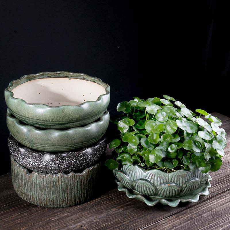 创意睡碗莲金钱草水培植物盆栽 个性窑变多肉水仙花拼盘陶瓷花盆