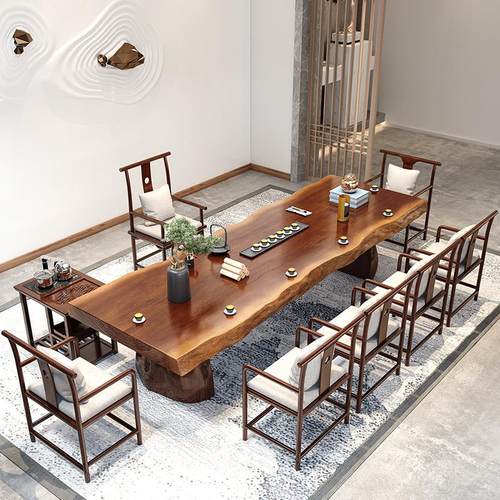 大板原木功夫茶几新中式实木茶桌全套办公室茶桌椅组合一体茶台