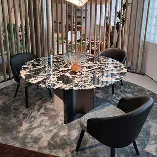 轻奢 宝格黑奢石家用饭桌拿破仑黑天然大理石圆形餐桌高端防油意式