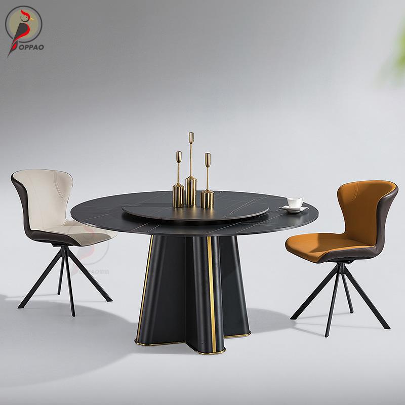 轻奢餐桌椅组合圆桌碳素钢现代简约岩板家用餐厅饭桌带转盘圆形