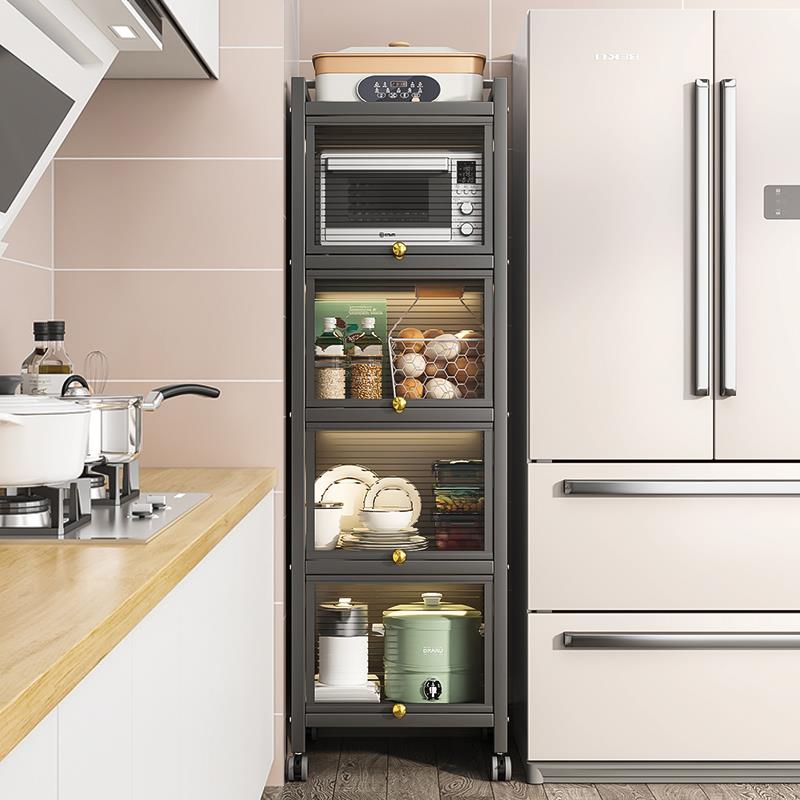 带门厨房置物架多层落地防尘餐具碗碟电器锅具夹缝小型橱柜储酬恒