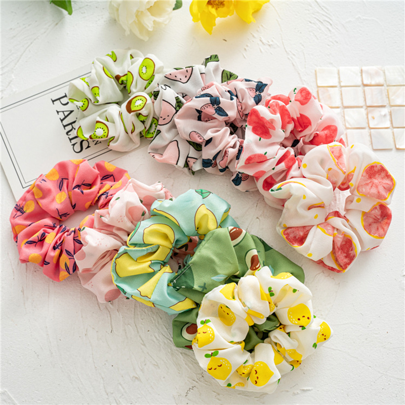 极速Korea Swheet Cute Avocado Fruit Print Floral Scrunchies