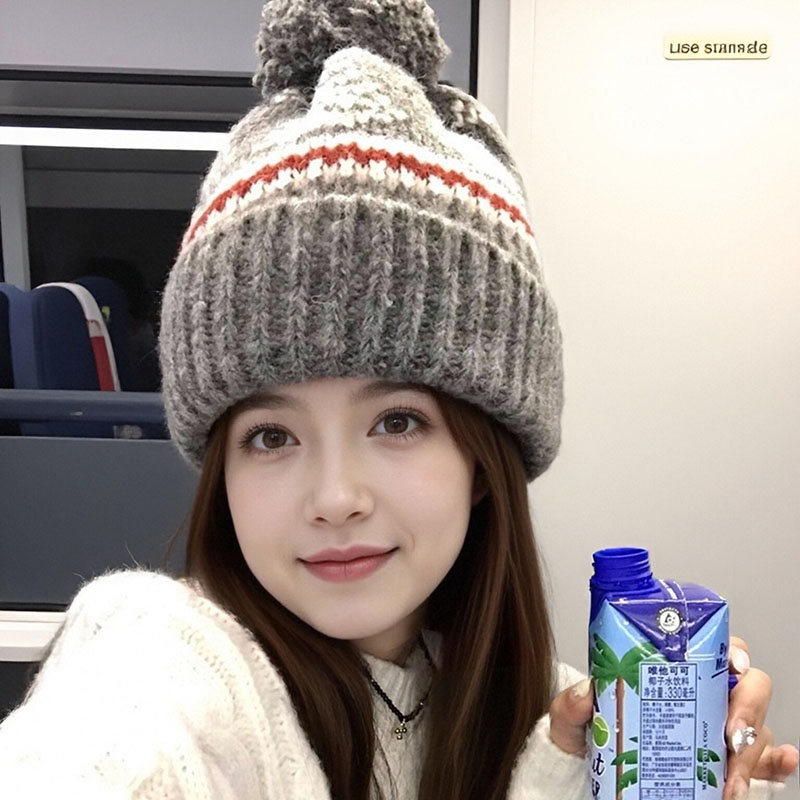 费尔岛风毛球提花针织帽子女秋冬加厚保暖毛线套头帽护耳帽显脸小