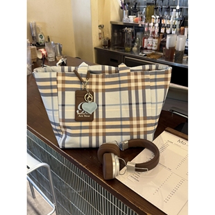 蓝色格子斜挎包帆布包包女款手提通勤单肩包女大容量日常通勤百搭